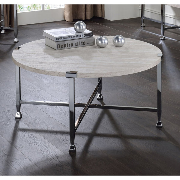 English Elm Round Coffee Table with White Oak Top and Chrome Frame Legs — Modern Minimalist Accent for Living Room B016P313026