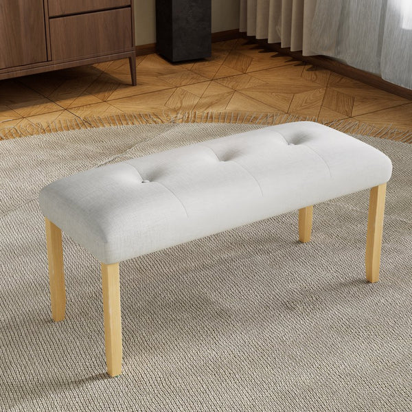 English Elm Upholstered Tufted Bench with LVL Rubber Wood Legs, Mid-Century Modern End of Bed Seating, 250lb Capacity Beige+Natural N752P294997D