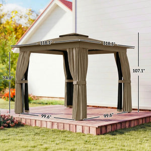English Elm Canopy Outdoor Gazebo Steel Frame Double Tier Polyester Roof with Mesh Curtain Panels Dark Gray,Khaki+Black T3971P459114