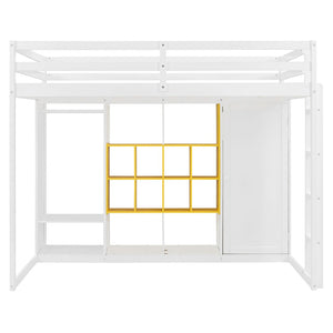English Elm Twin Loft Bed with Wardrobe Shelves and Cabinet Kids Bedroom Wood Storage Frame Yellow+White N708S00024K