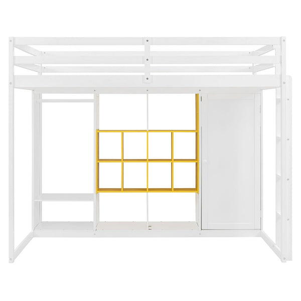 English Elm Twin Loft Bed with Wardrobe Shelves and Cabinet Kids Bedroom Wood Storage Frame Yellow+White N708S00024K