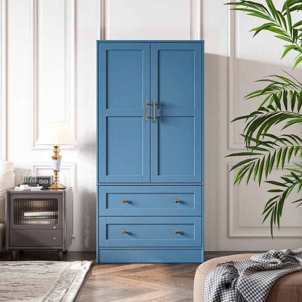 English Elm Shaker Two Door Wardrobe Armoire with Hanging Rod Drawers and Bedroom Storage T3210P477664