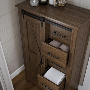 English Elm Alton Farmhouse Chest with Sliding Barn Door Five Drawers and Matte Black Hardware Walnut B2733S00015