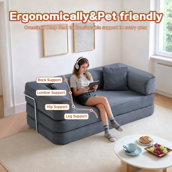 English Elm Floor Sofa Bed Modular Corduroy Convertible Lounge with Steel Frame for Living Room Antique Gray W3565P397201