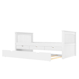 English Elm Twin Solid Wood Platform Bed with Trundle and Two Drawers, White Daybed for Kids Guests Off White W1580S00262