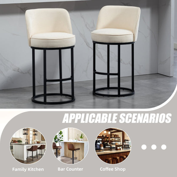 English Elm Counter Height Barstools Set of 2 Linen Upholstered Barrel Seat with Iron Legs Beige W395P410430