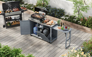 English Elm K&k Outdoor Rolling Kitchen Island Fir Wood Stainless Steel Top with Foldable Prep Station Grey+Blue N707P370276G