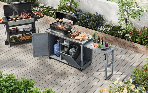 English Elm K&k Outdoor Rolling Kitchen Island Fir Wood Stainless Steel Top with Foldable Prep Station Grey+Blue N707P370276G