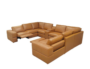 English Elm Premium Leather Match Sectional with Dual Recliners Console and Cup Holders Included Ginger B2748S00155