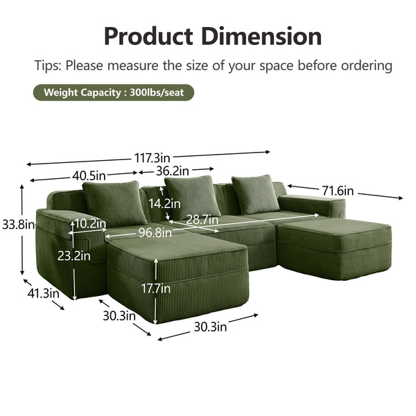 English Elm Modular U-Shape Sectional Sofa With Plush Corduroy Upholstery, Movable Ottomans & Cozy Pillows W3041S00333