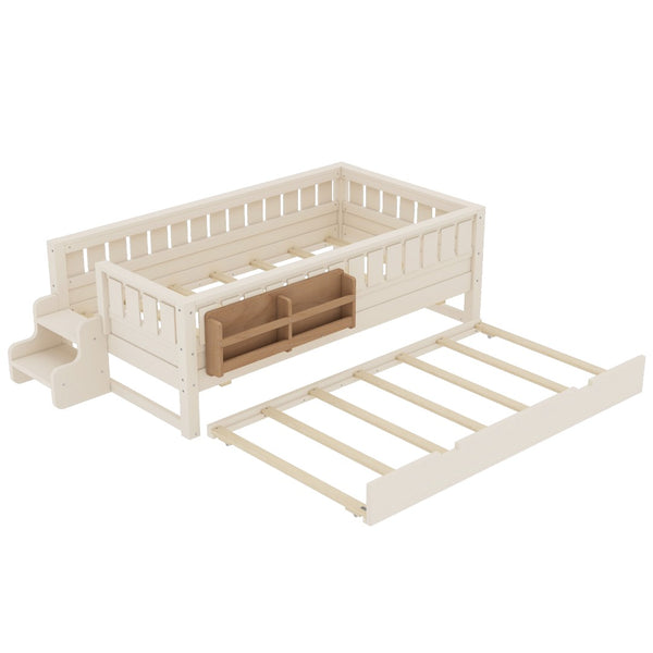 English Elm Twin Kids Platform Bed with Trundle Staircase Bookshelf and Rounded Safety Rails Beige W1580S00556