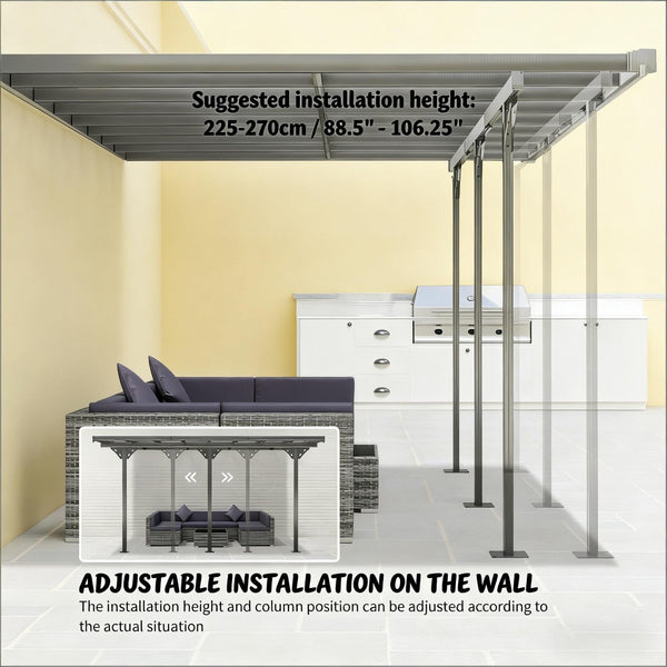 English Elm Wall-mounted Aluminum Pergola with Polycarbonate Roof for Patio Uv and Rain Protection T3971S00179