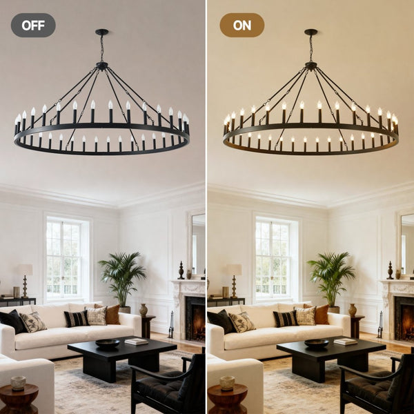 English Elm 63.8 Inch 36-light Wagon Wheel Chandelier Matte Black Farmhouse Fixture for High Ceilings W5008P388929
