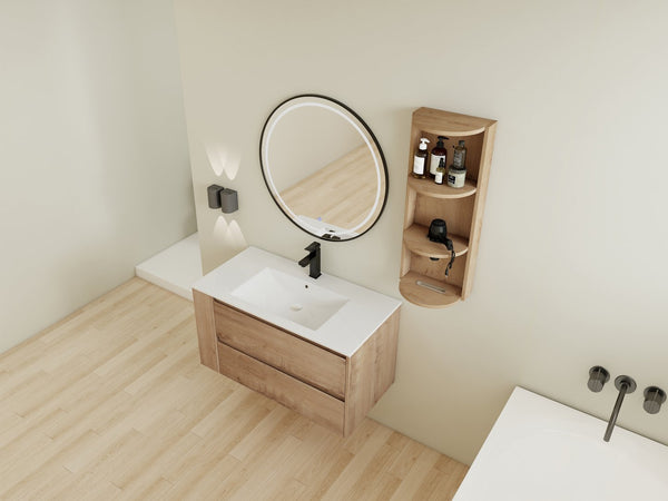 English Elm 36" Wall-Mounted Bathroom Vanity With Ceramic Sink, Dual Soft-Close Drawers & Side Rack Storage, Durable KD Packing W999S00344