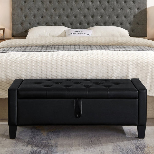 English Elm Ottoman Storage Bench Tufted Linen Upholstered Entryway Seat with Lift Top Shelf Black W2186P465443