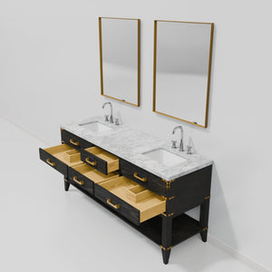 English Elm Black Oak Double Bath Vanity 72" With Carrara Marble Top, Chrome Faucets & Two Elegant Mirrors B2731S02199