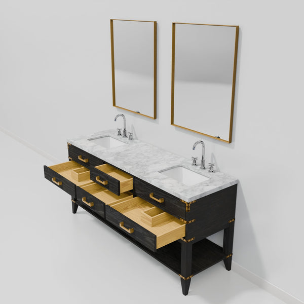 English Elm Black Oak Double Bath Vanity 72" With Carrara Marble Top, Chrome Faucets & Two Elegant Mirrors B2731S02199