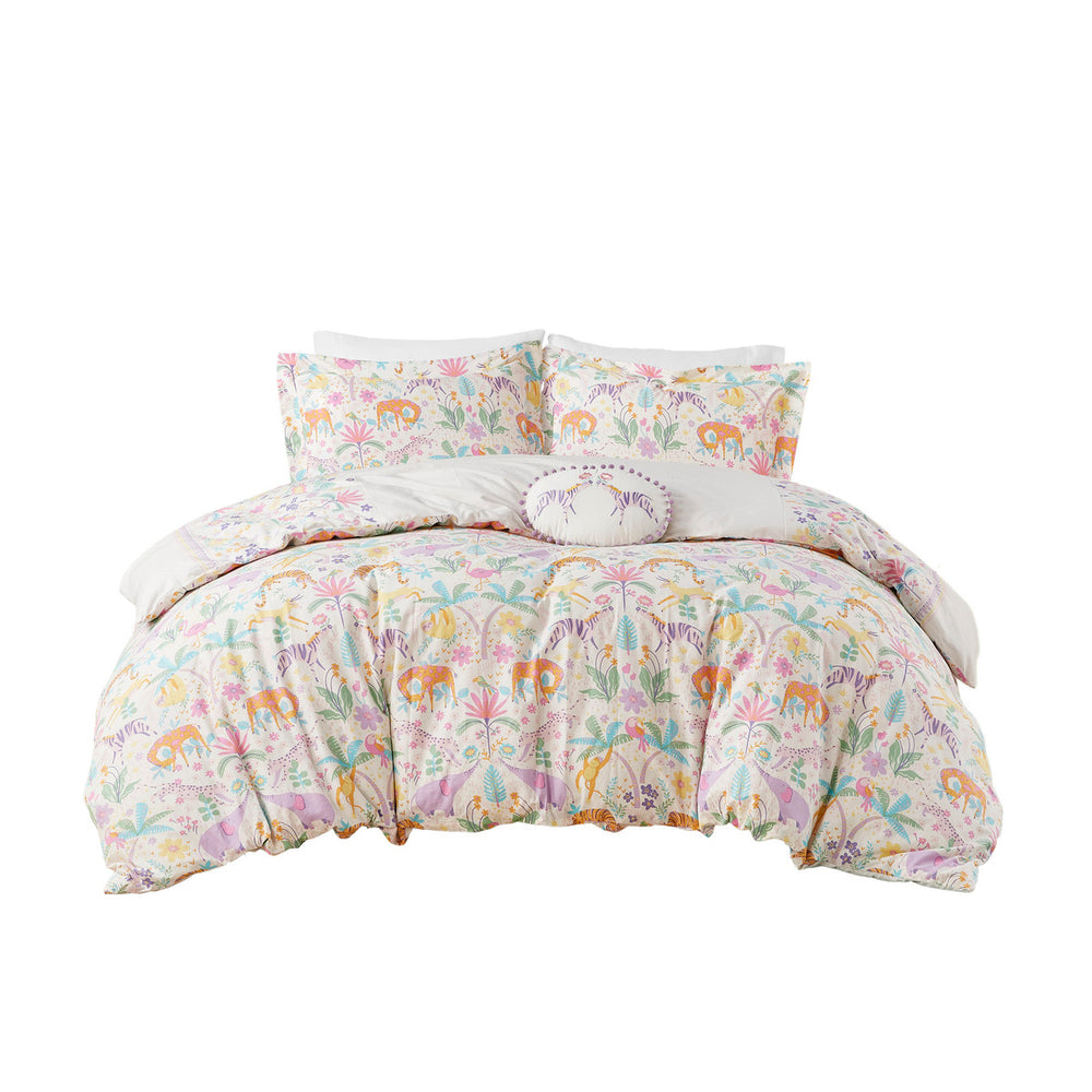English Elm Full/Queen UHK Lulu Reversible Floral Cotton Duvet Set with Jungle Animals, Pom Pom Pillow, BCI Cotton B035P217814