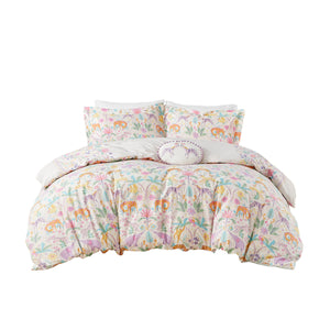 English Elm Full/Queen UHK Lulu Reversible Floral Cotton Duvet Set with Jungle Animals, Pom Pom Pillow, BCI Cotton B035P217814