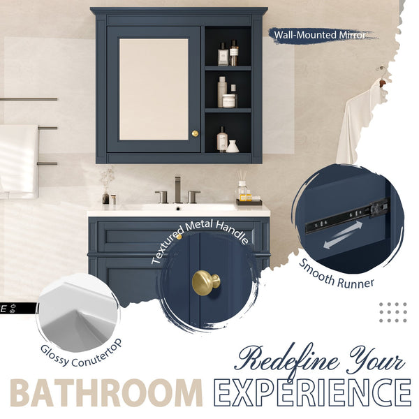 English Elm 30'' Bathroom Vanity Set With Mirror & Storage – Modern Freestanding Design, Ceramic Sink & Drawers SW000127AAC-1