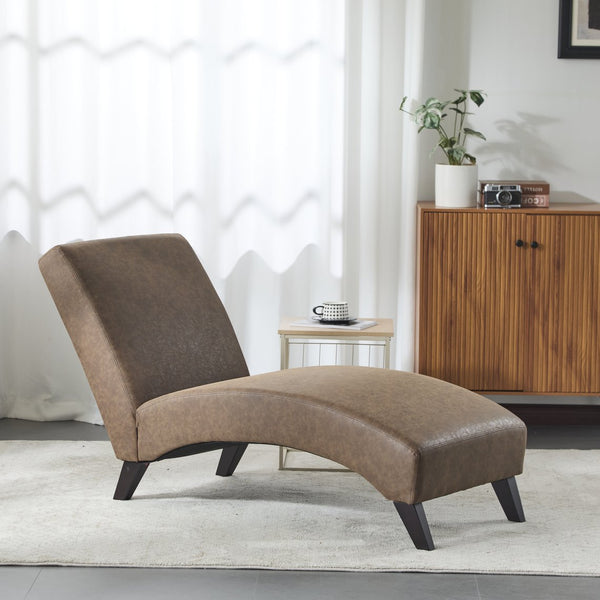 English Elm Christopher Knight Home® - FINLAY Curved KD Chaise Lounge Dark Coffee PU Leather Birch Wood Legs — Contemporary Comfort 62" N776P298861C