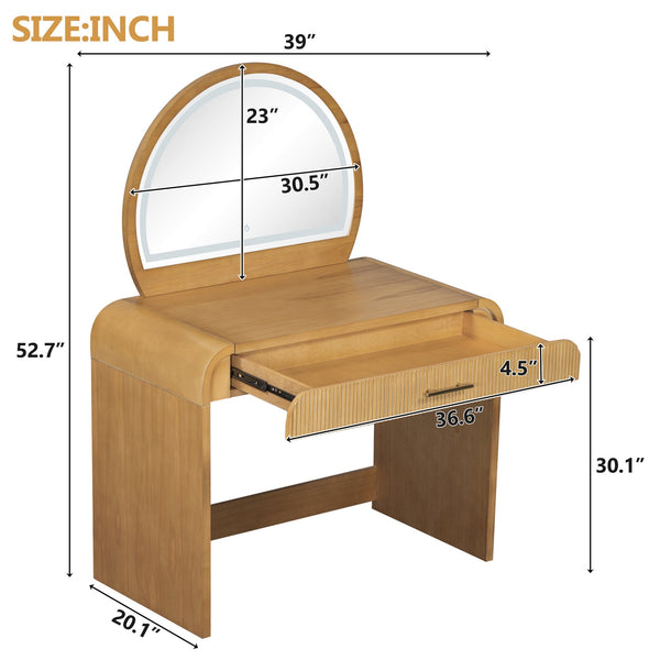 English Elm 39" Makeup Vanity Table with Touchscreen LED Mirror, Sleek Dressing Table with Drawer and Glass Top - Durable Rubberwood, Fast Assembly Natural N704P196658N