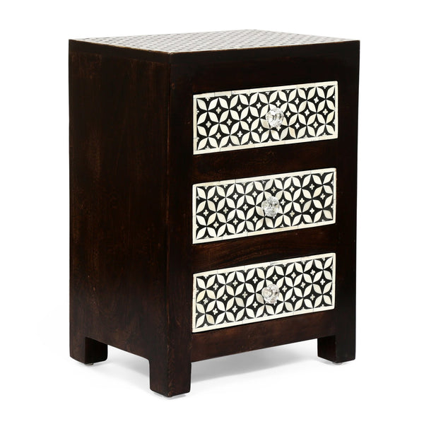 English Elm Christopher Knight Home® - WOODEN Mango Wood 3-Drawer Bone Inlay Nightstand in Black-Dark Walnut — Handcrafted Boho Accent Table 69348.00DWALBLK