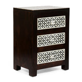 Christopher Knight Home® - Noble House - Benewah Handcrafted Boho 3 Drawer Mango Wood Nightstand, Dark Walnut, Black, and White