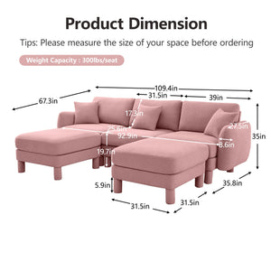 English Elm Boucle U-Shaped 3-Seater Sectional Sofa With Shell Armrests & Movable Ottomans In Chic Pink Color W3041S00294