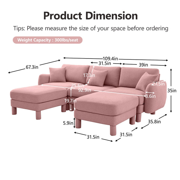 English Elm Boucle U-Shaped 3-Seater Sectional Sofa With Shell Armrests & Movable Ottomans In Chic Pink Color W3041S00294
