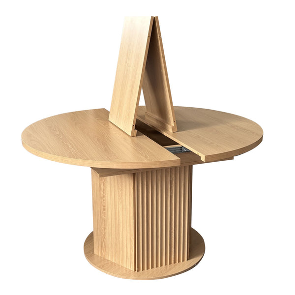 English Elm Round Adjustable Dining Table 47–63" for 4–6, Light Brown MDF & Rubberwood, Bump-Texture Base, 300lb Capacity W1347P296655