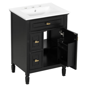 English Elm 24-Inch Bathroom Vanity with Sink, Solid Wood & MDF, Ceramic Top, Gold Handles, Flip Drawer Design Black N725P350824B
