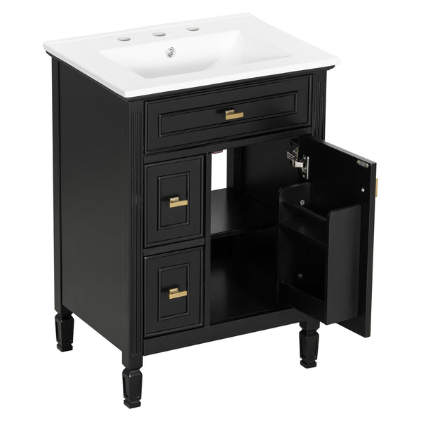 English Elm 24-Inch Bathroom Vanity with Sink, Solid Wood & MDF, Ceramic Top, Gold Handles, Flip Drawer Design Black N725P350824B