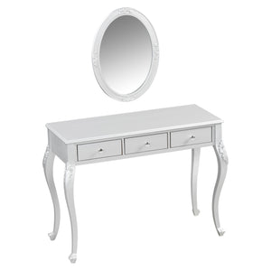 English Elm Luxury Makeup Vanity Desk with Oval Mirror and Engraved Floral Frame, Velvet Jewelry Tray, Durable Drawers and Elegant Console for Bedroom & Living Room Decor Silver N844P292481S