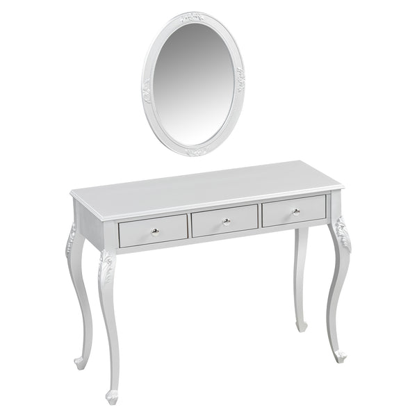English Elm Luxury Makeup Vanity Desk with Oval Mirror and Engraved Floral Frame, Velvet Jewelry Tray, Durable Drawers and Elegant Console for Bedroom & Living Room Decor Silver N844P292481S