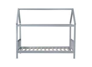 English Elm Twin House Bed with Headboard and Footboard — Space-Saving Rubberwood Frame, Playful Architectural Design LIGHT GREY W504P225966