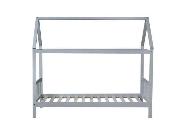 English Elm Twin House Bed with Headboard and Footboard — Space-Saving Rubberwood Frame, Playful Architectural Design LIGHT GREY W504P225966