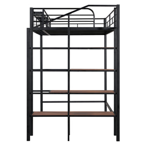 English Elm Twin Metal Loft Bed with Upper Grid Storage Shelf and 4-Layer Ladder Shelves for Space Saving Black SF100081AAB