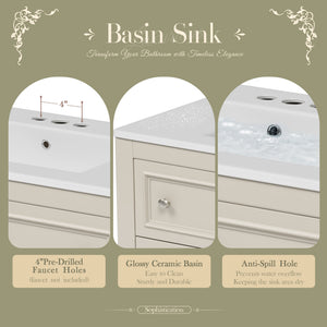 English Elm 36" Bathroom Vanity with Sink Combo, 36" Ceramic Undermount Basin, Solid Wood Frame, 4 Drawers, Waterproof Painted Finish Beige N710P250654Y