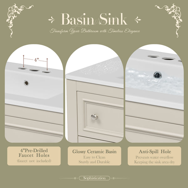 English Elm 36" Bathroom Vanity with Sink Combo, 36" Ceramic Undermount Basin, Solid Wood Frame, 4 Drawers, Waterproof Painted Finish Beige N710P250654Y