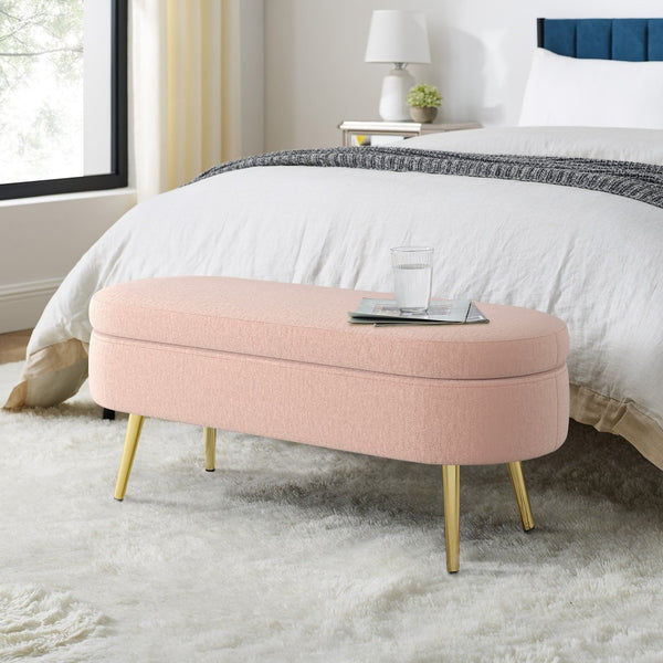 English Elm Ottoman Oval Flannel Storage Bench with Matte Metal Legs for Bedroom or Living Room Pink W487P438632