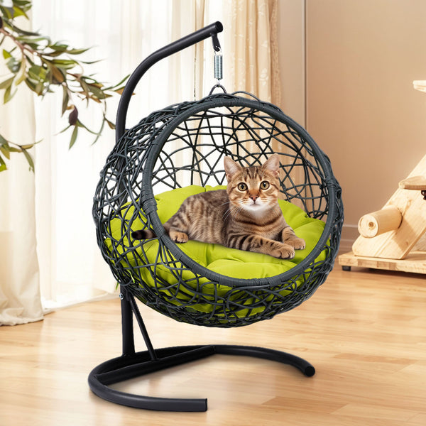 English Elm Cat Swing Bed With Stand & Plush Cushion - Stylish Indoor Egg Chair For Small Pets - Green Wicker Design W2500P283881