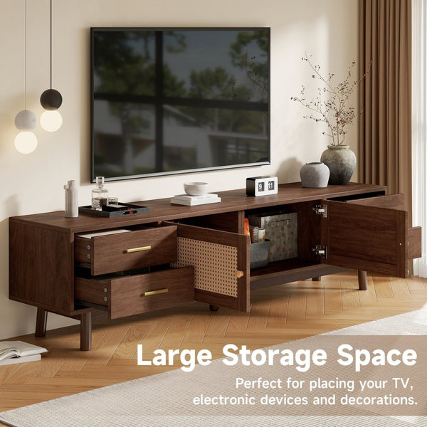 English Elm 70 Inch Mid Century Media Console with Tambour Doors Fluted Drawers and Wood Legs N710P419839P