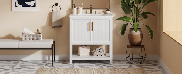 English Elm 30-Inch White Bathroom Vanity With Ceramic Sink - Stylish Storage Solution For Small Spaces! WF325888AAK