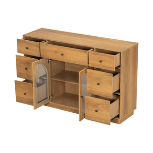 English Elm Christopher Knight Home® - Cabinet roomy storage console with 2 doors, 7 drawers, glass accents and manufactured wood build, large Natural N780P330601N