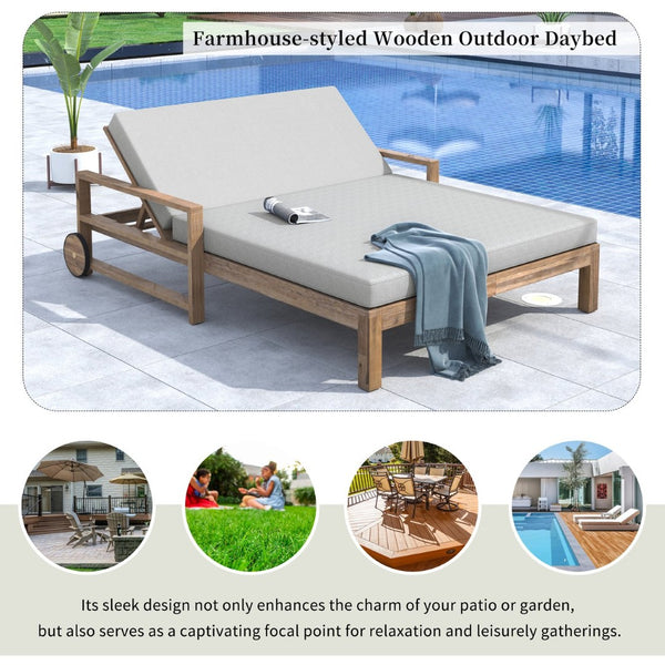 English Elm Trexm Solid Acacia Outdoor Daybed Farmhouse Slatted Frame with Adjustable Backrest TM000011AAE