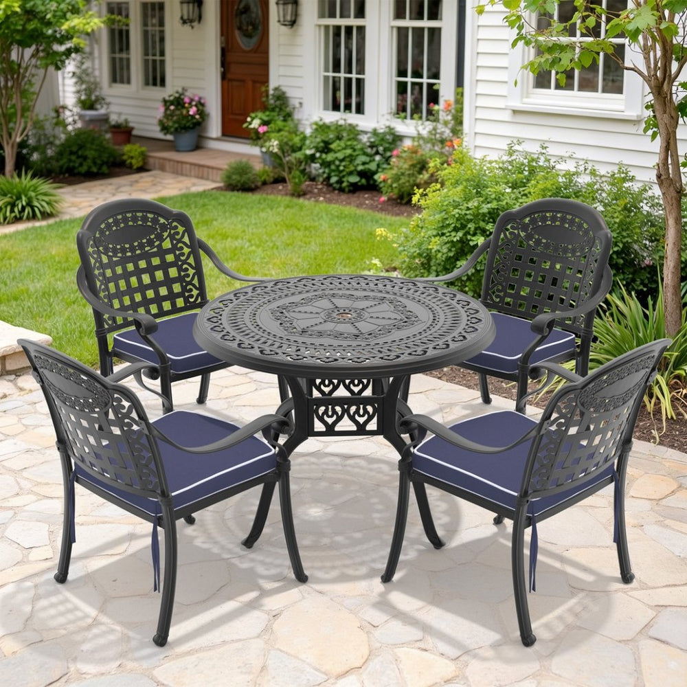 English Elm 5-piece Cast Aluminum Outdoor Dining Set with Ornate Relief Patterned Stackable Chairs W1710S00628
