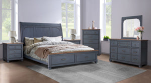 English Elm Queen Sleigh Bed with Corduroy Blue Finish, USB Headboard, Storage Footboard, Rustic Coastal Charm B108S00030