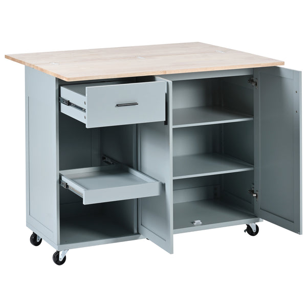 English Elm K&K Kitchen Island with Foldable Countertop, Spacious Mobile Storage Cart, Soft-Close Doors, Durable Rubberwood Top and Locking Wheels Grey-Blue N707P173036G