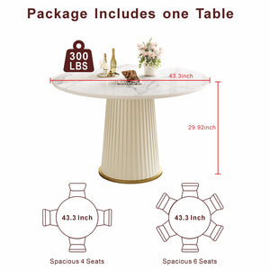 English Elm Modern 43.3" Round Dining Table with Glossy Sintered Stone Top, Pleated PU Leather Pedestal, Stable Adjustable Feet W3456S00054